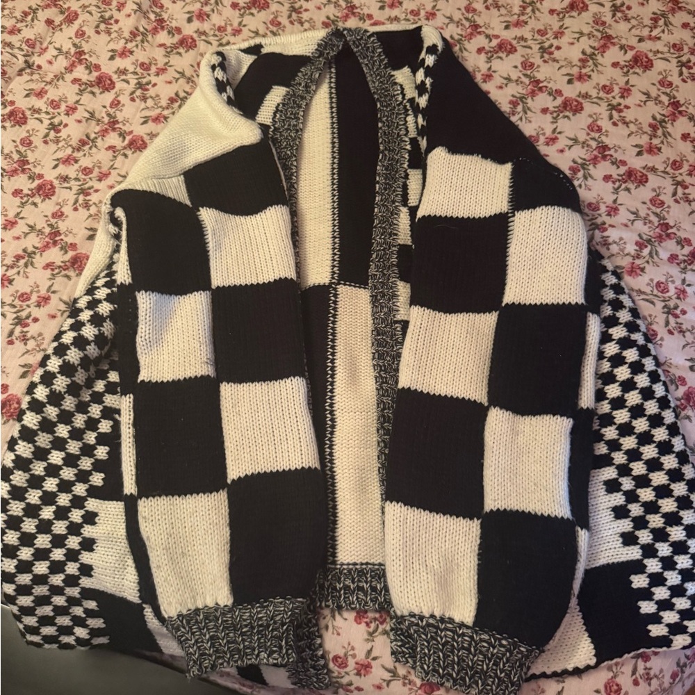 Black and White Checkered Knit Cardigan